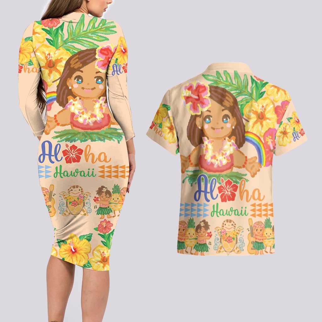 Kawaii Hula Girls Couples Matching Long Sleeve Bodycon Dress and Hawaiian Shirt Aloha Hibiscus Flowers LT9 - Polynesian Pride
