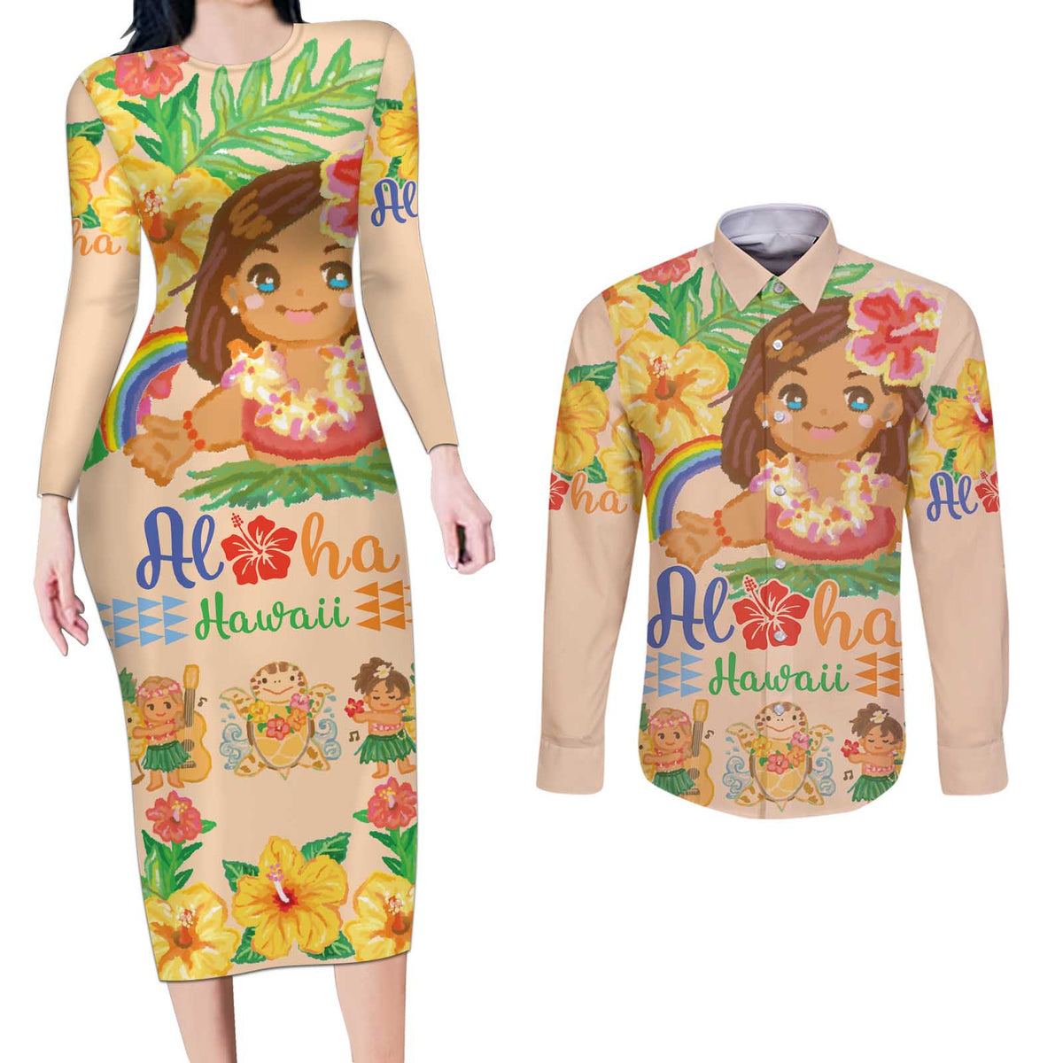 Kawaii Hula Girls Couples Matching Long Sleeve Bodycon Dress and Long Sleeve Button Shirt Aloha Hibiscus Flowers LT9 Nude - Polynesian Pride
