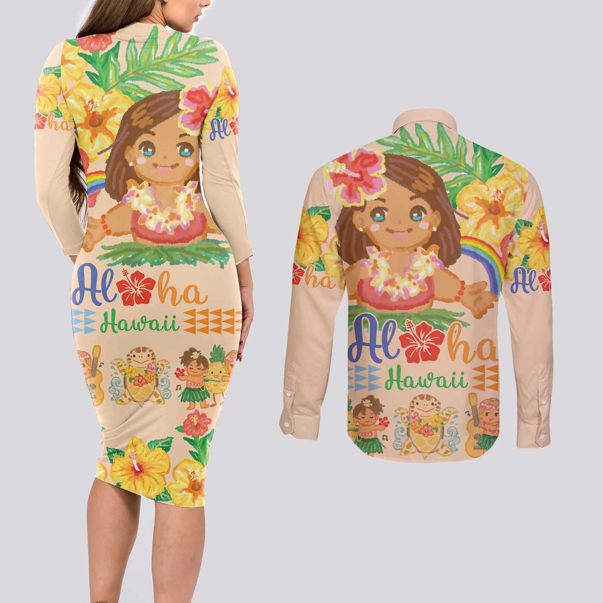 Kawaii Hula Girls Couples Matching Long Sleeve Bodycon Dress and Long Sleeve Button Shirt Aloha Hibiscus Flowers LT9 - Polynesian Pride