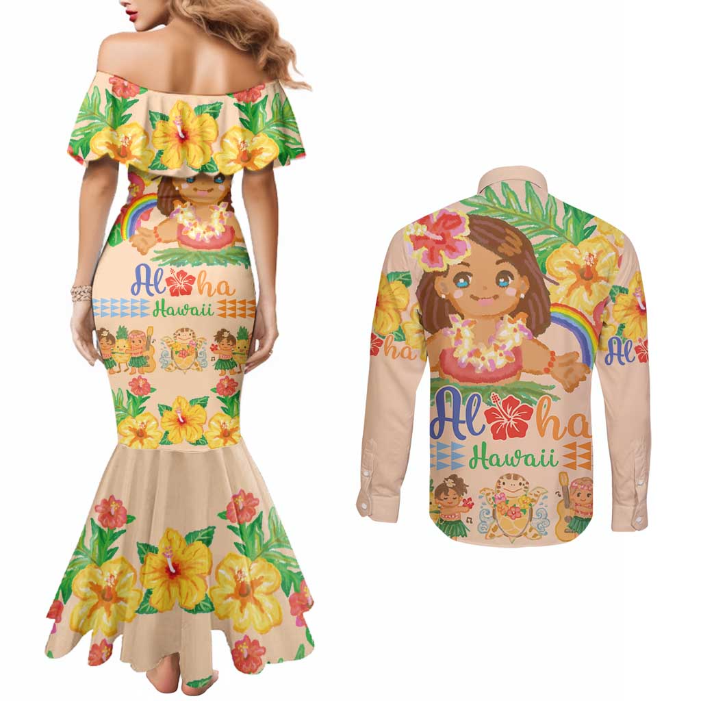 Kawaii Hula Girls Couples Matching Mermaid Dress and Long Sleeve Button Shirt Aloha Hibiscus Flowers LT9 - Polynesian Pride