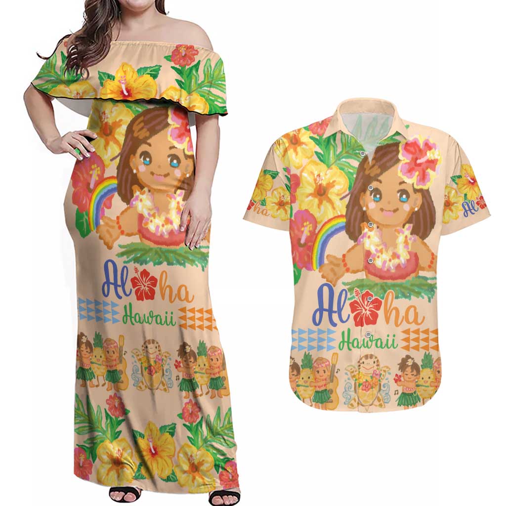 Kawaii Hula Girls Couples Matching Off Shoulder Maxi Dress and Hawaiian Shirt Aloha Hibiscus Flowers LT9 Nude - Polynesian Pride
