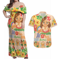 Kawaii Hula Girls Couples Matching Off Shoulder Maxi Dress and Hawaiian Shirt Aloha Hibiscus Flowers LT9 Nude - Polynesian Pride