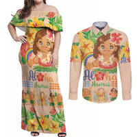 Kawaii Hula Girls Couples Matching Off Shoulder Maxi Dress and Long Sleeve Button Shirt Aloha Hibiscus Flowers LT9 Nude - Polynesian Pride