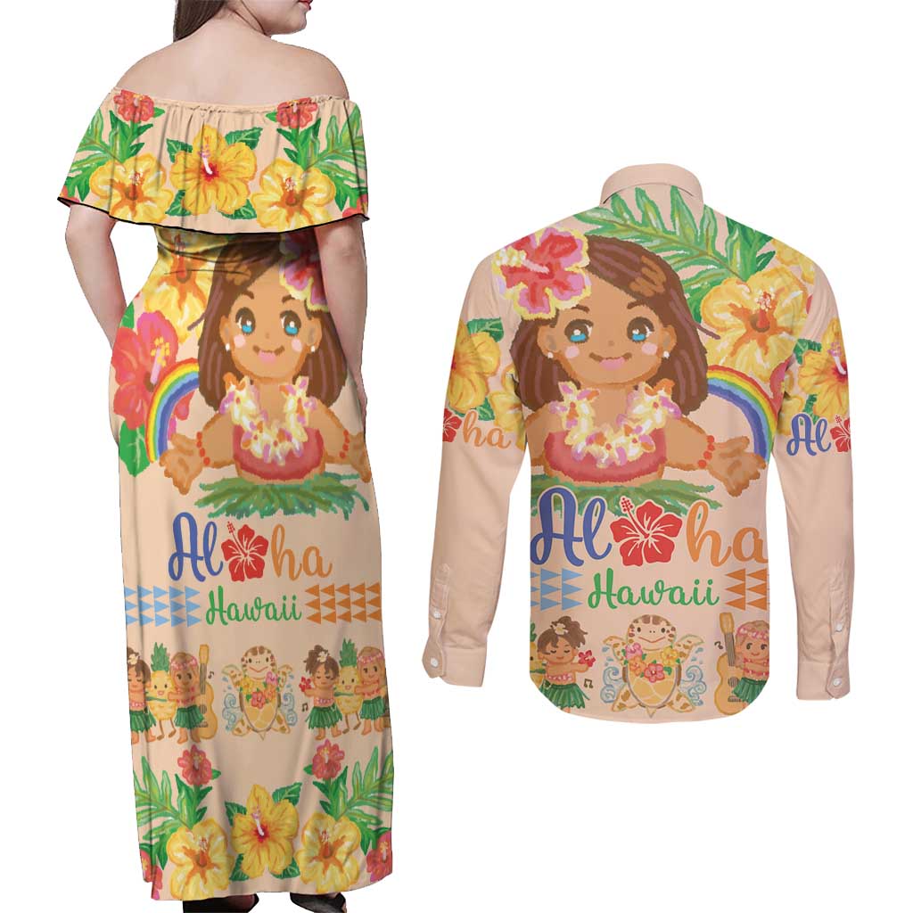 Kawaii Hula Girls Couples Matching Off Shoulder Maxi Dress and Long Sleeve Button Shirt Aloha Hibiscus Flowers LT9 - Polynesian Pride
