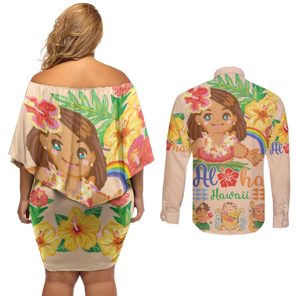 Kawaii Hula Girls Couples Matching Off Shoulder Short Dress and Long Sleeve Button Shirt Aloha Hibiscus Flowers LT9 - Polynesian Pride