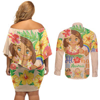 Kawaii Hula Girls Couples Matching Off Shoulder Short Dress and Long Sleeve Button Shirt Aloha Hibiscus Flowers LT9 - Polynesian Pride