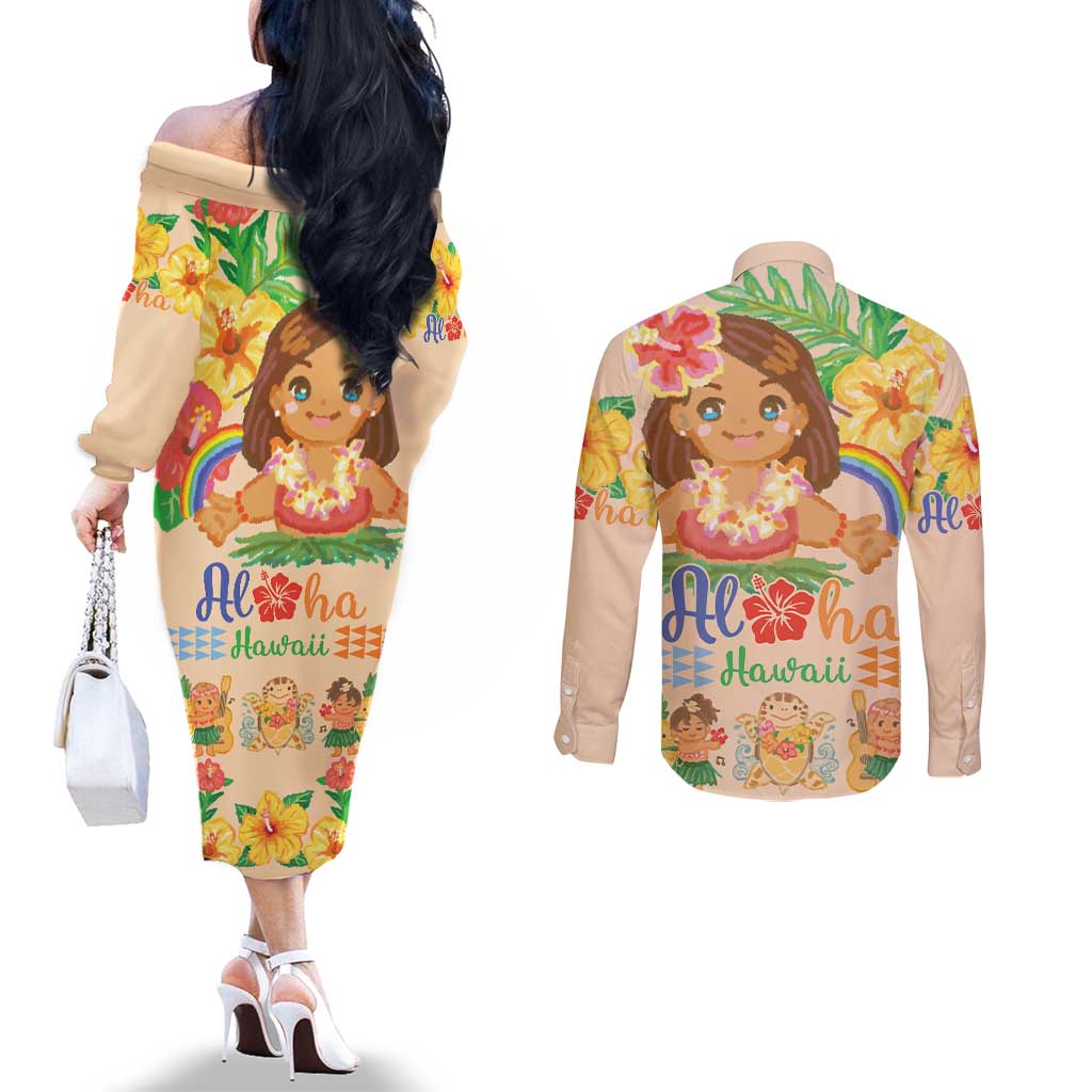 Kawaii Hula Girls Couples Matching Off The Shoulder Long Sleeve Dress and Long Sleeve Button Shirt Aloha Hibiscus Flowers LT9 - Polynesian Pride