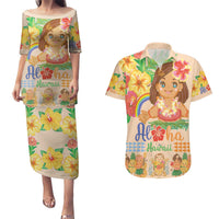Kawaii Hula Girls Couples Matching Puletasi and Hawaiian Shirt Aloha Hibiscus Flowers LT9 Nude - Polynesian Pride