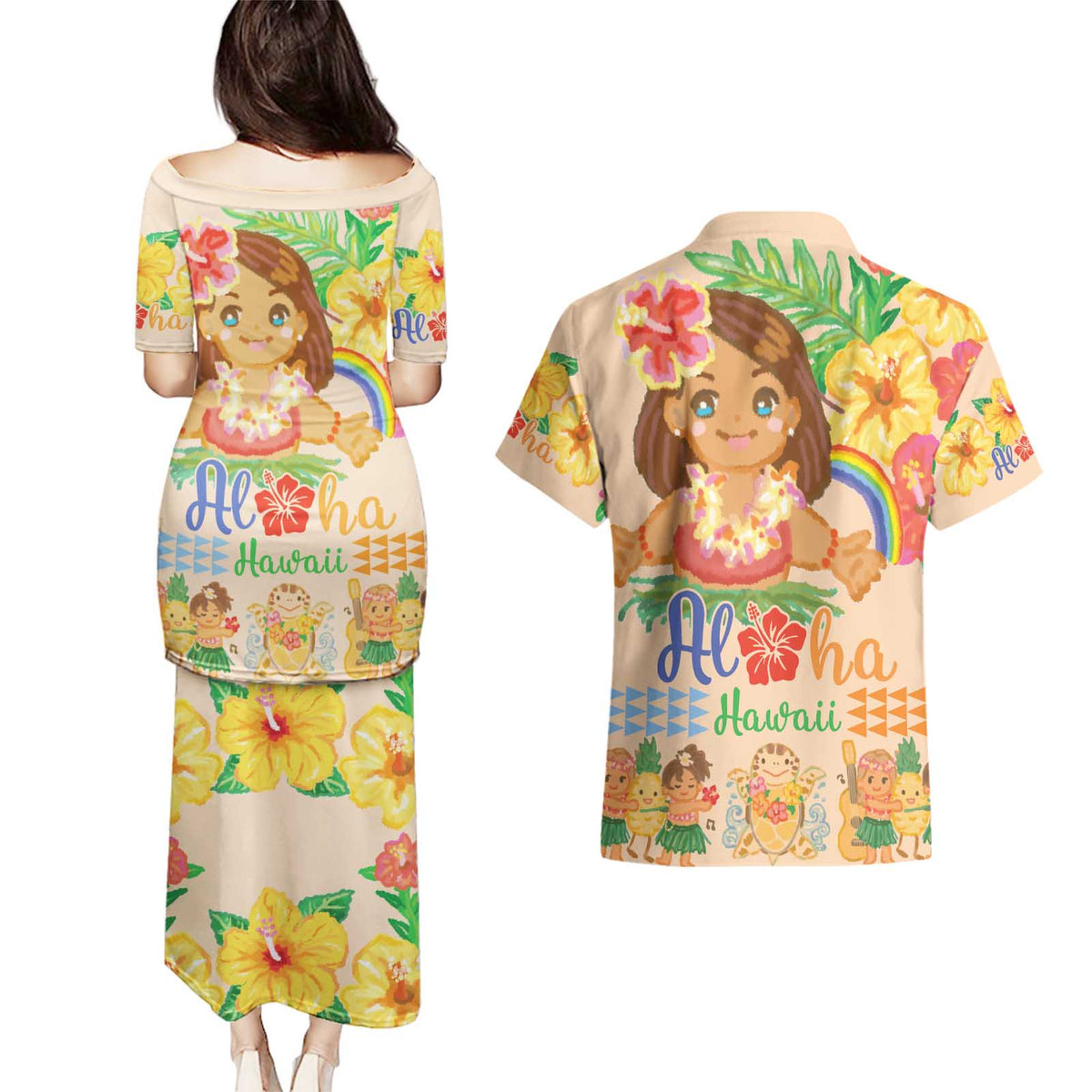Kawaii Hula Girls Couples Matching Puletasi and Hawaiian Shirt Aloha Hibiscus Flowers LT9 - Polynesian Pride