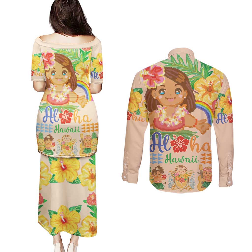 Kawaii Hula Girls Couples Matching Puletasi and Long Sleeve Button Shirt Aloha Hibiscus Flowers LT9 - Polynesian Pride