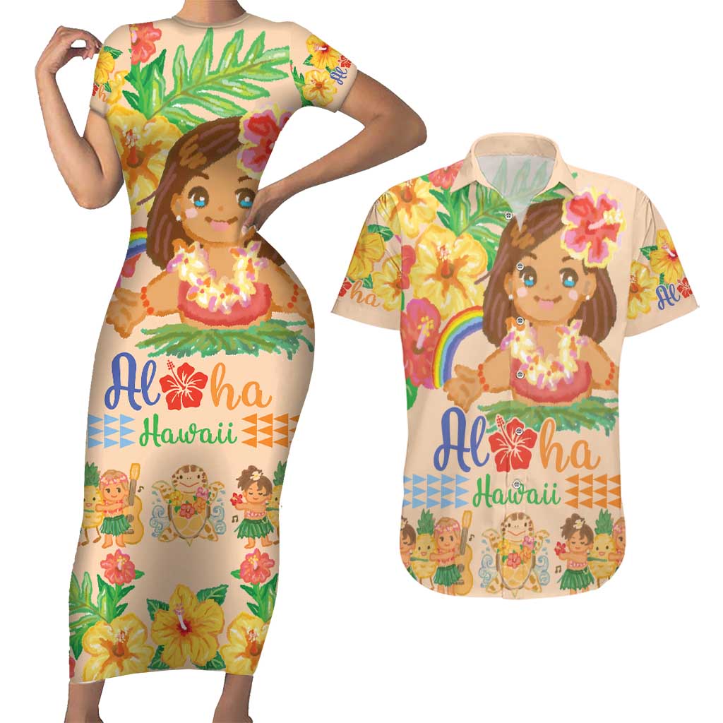 Kawaii Hula Girls Couples Matching Short Sleeve Bodycon Dress and Hawaiian Shirt Aloha Hibiscus Flowers LT9 Nude - Polynesian Pride