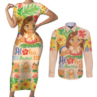 Kawaii Hula Girls Couples Matching Short Sleeve Bodycon Dress and Long Sleeve Button Shirt Aloha Hibiscus Flowers LT9 Nude - Polynesian Pride