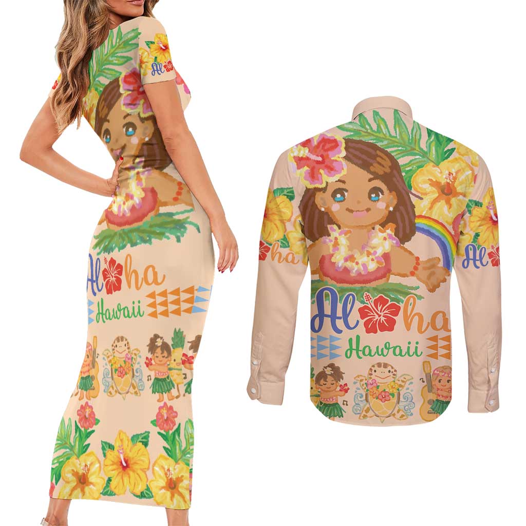 Kawaii Hula Girls Couples Matching Short Sleeve Bodycon Dress and Long Sleeve Button Shirt Aloha Hibiscus Flowers LT9 - Polynesian Pride