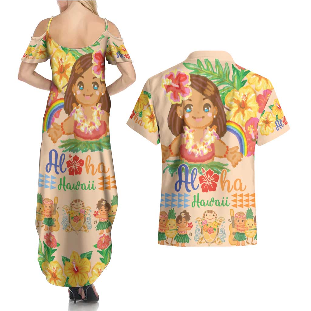 Kawaii Hula Girls Couples Matching Summer Maxi Dress and Hawaiian Shirt Aloha Hibiscus Flowers LT9 - Polynesian Pride