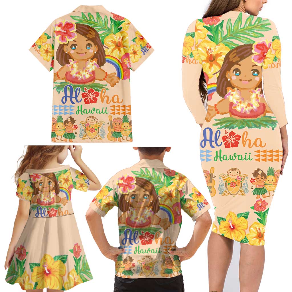 Kawaii Hula Girls Family Matching Long Sleeve Bodycon Dress and Hawaiian Shirt Aloha Hibiscus Flowers LT9 - Polynesian Pride