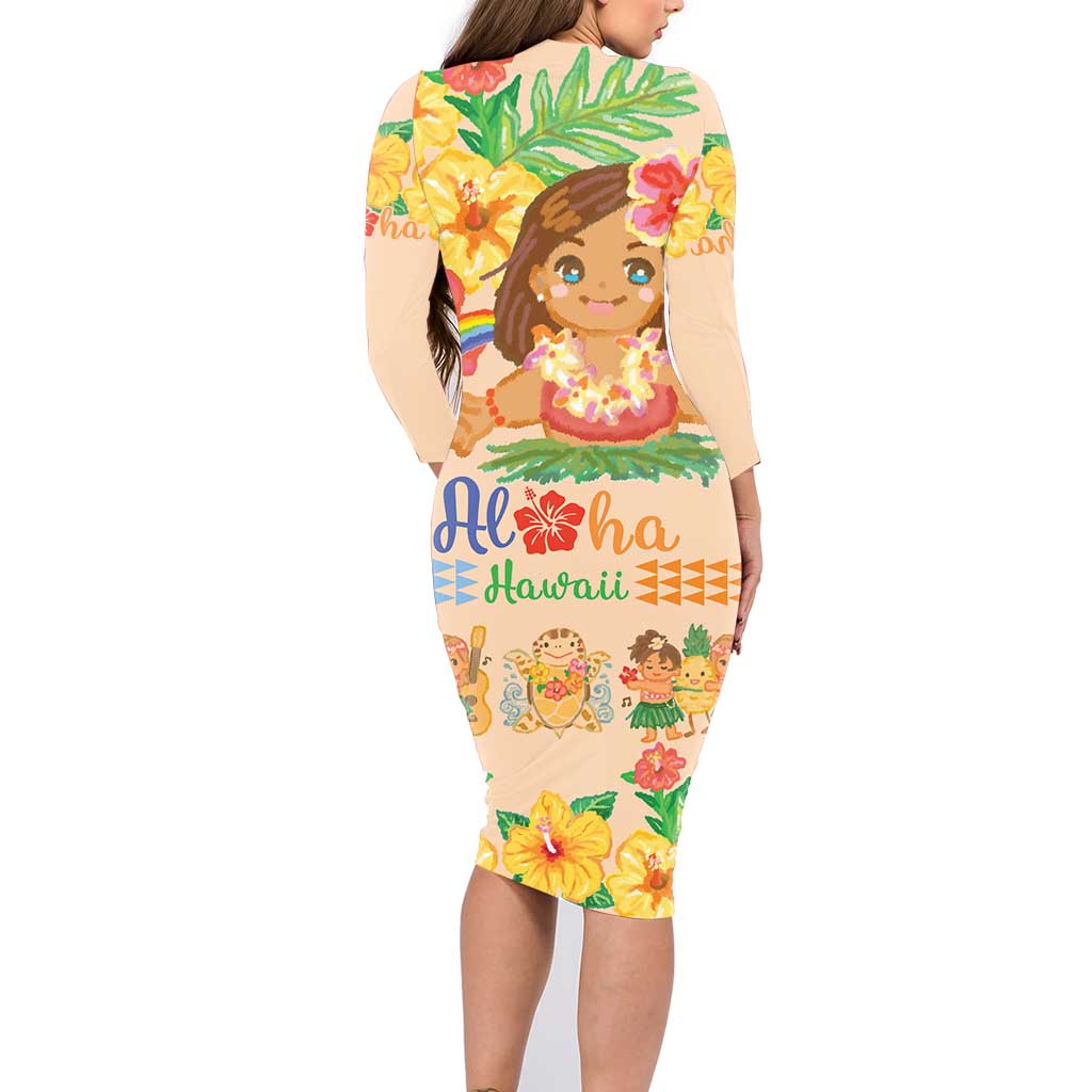 Kawaii Hula Girls Family Matching Long Sleeve Bodycon Dress and Hawaiian Shirt Aloha Hibiscus Flowers LT9 - Polynesian Pride