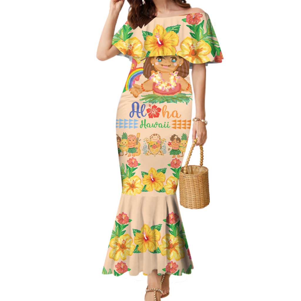 Kawaii Hula Girls Family Matching Mermaid Dress and Hawaiian Shirt Aloha Hibiscus Flowers LT9 Mom's Dress Nude - Polynesian Pride