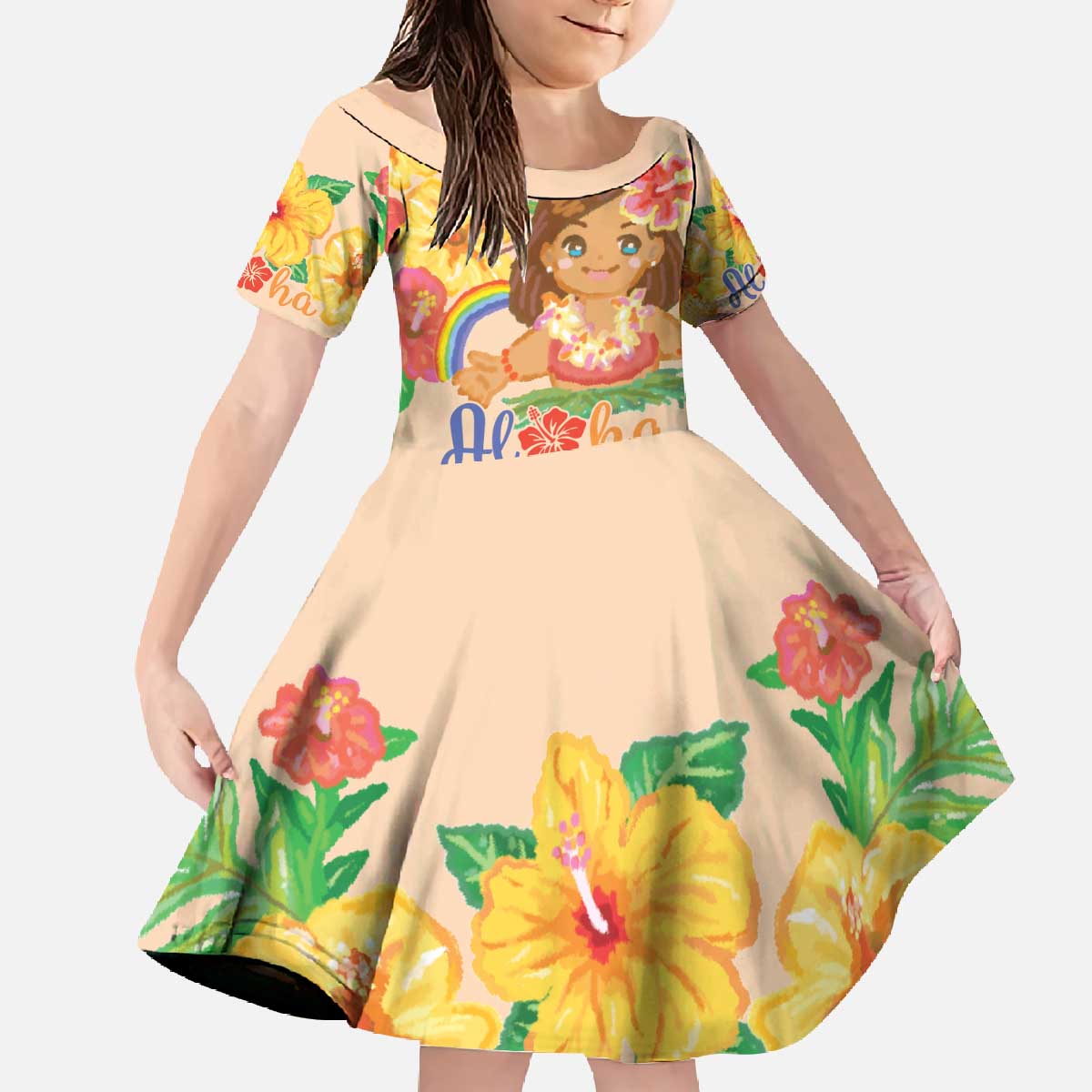 Kawaii Hula Girls Family Matching Off The Shoulder Long Sleeve Dress and Hawaiian Shirt Aloha Hibiscus Flowers LT9 Daughter's Dress Nude - Polynesian Pride