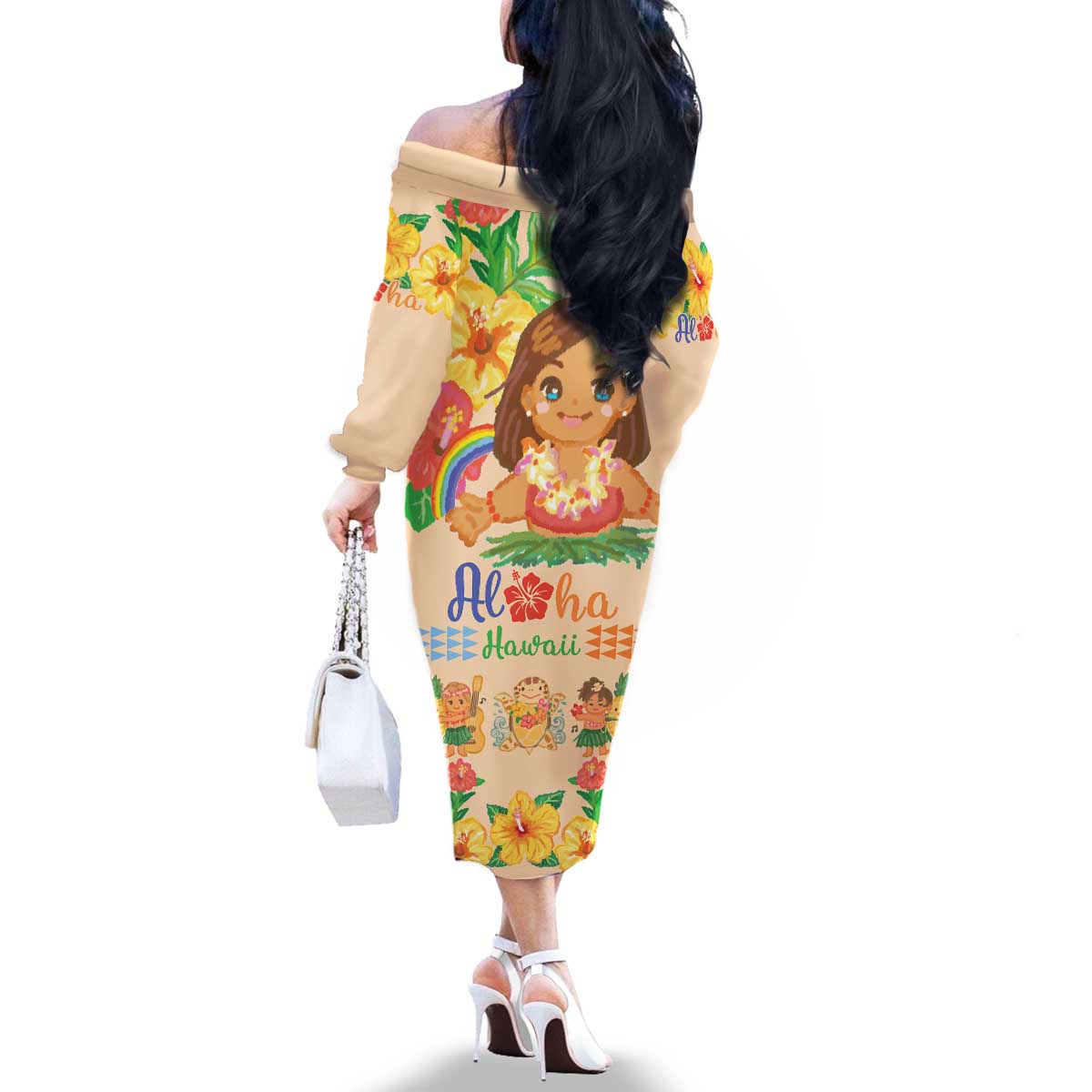 Kawaii Hula Girls Family Matching Off The Shoulder Long Sleeve Dress and Hawaiian Shirt Aloha Hibiscus Flowers LT9 - Polynesian Pride