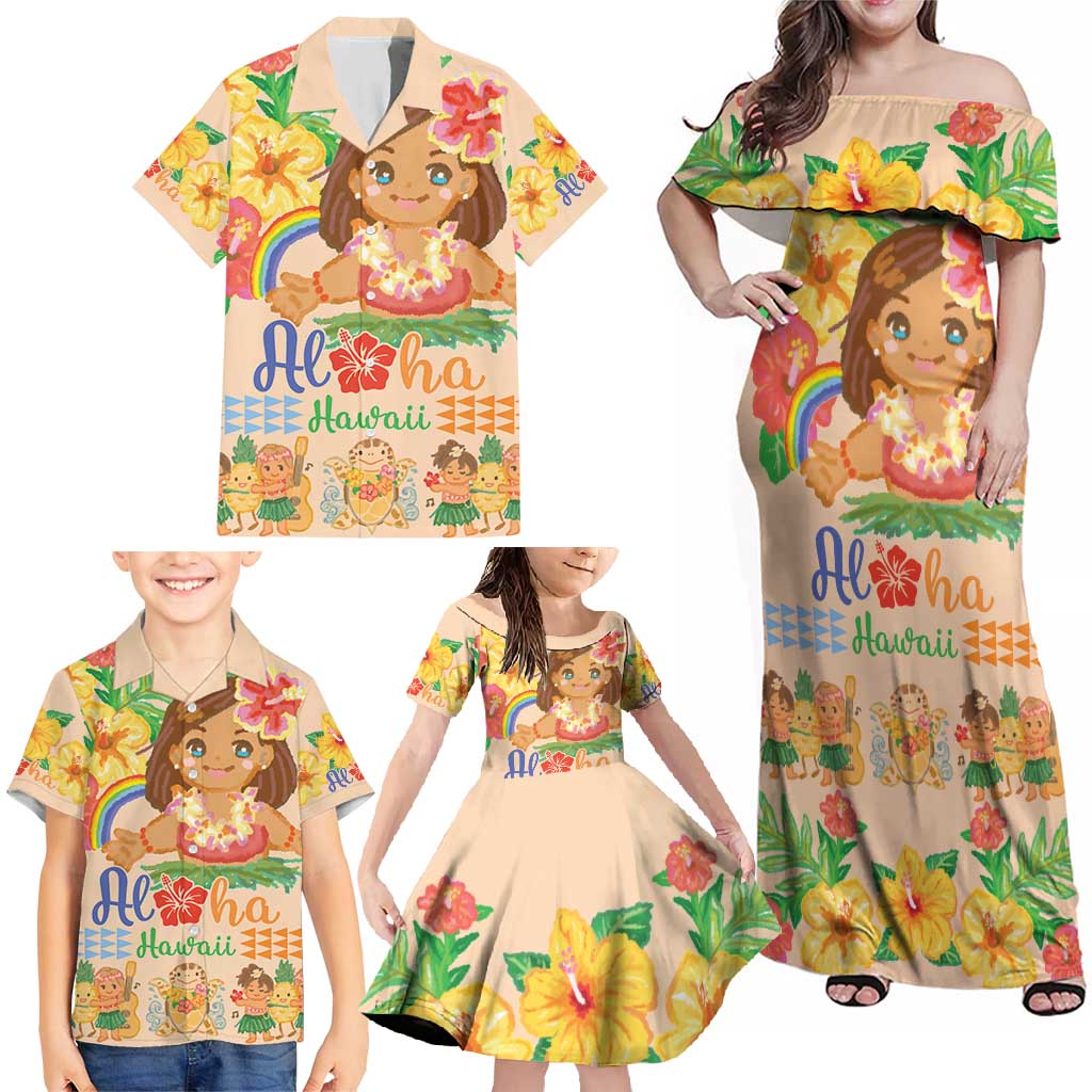 Kawaii Hula Girls Family Matching Off Shoulder Maxi Dress and Hawaiian Shirt Aloha Hibiscus Flowers LT9 - Polynesian Pride
