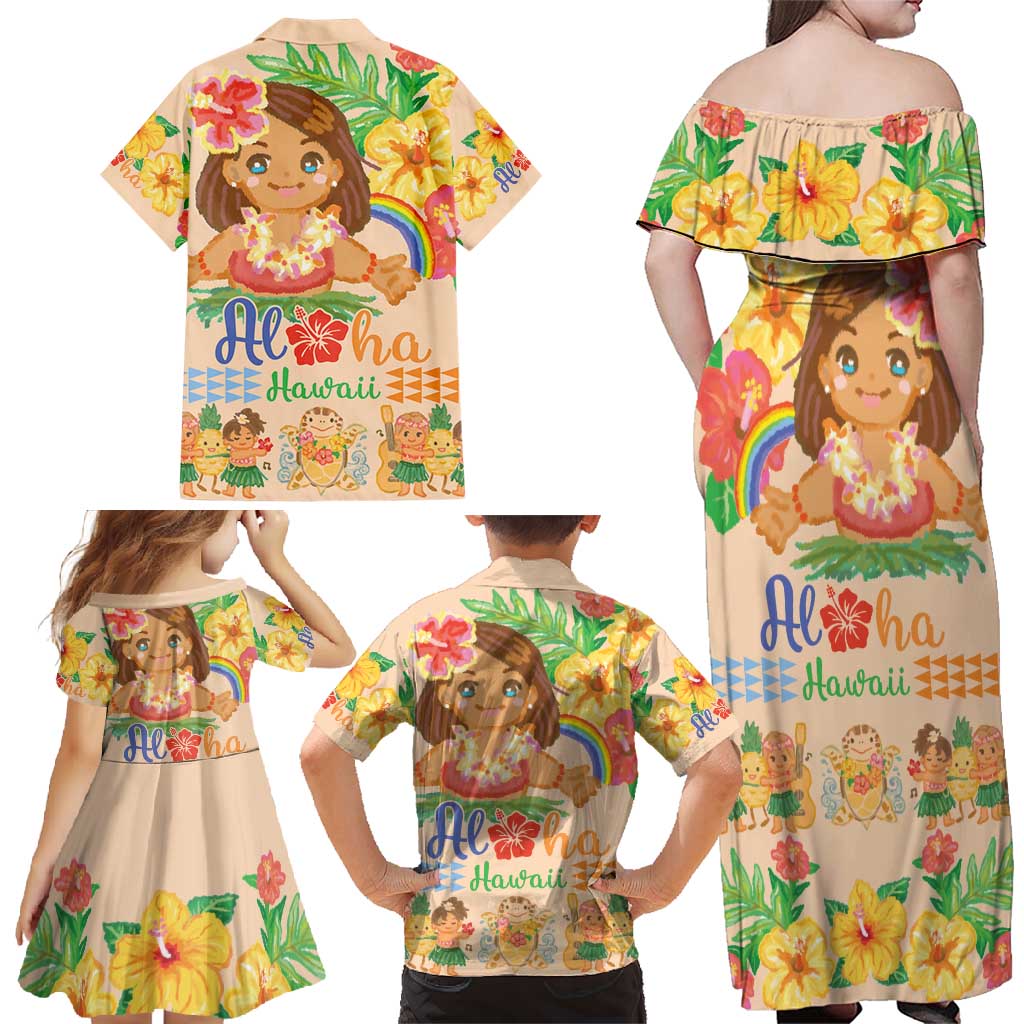 Kawaii Hula Girls Family Matching Off Shoulder Maxi Dress and Hawaiian Shirt Aloha Hibiscus Flowers LT9 - Polynesian Pride