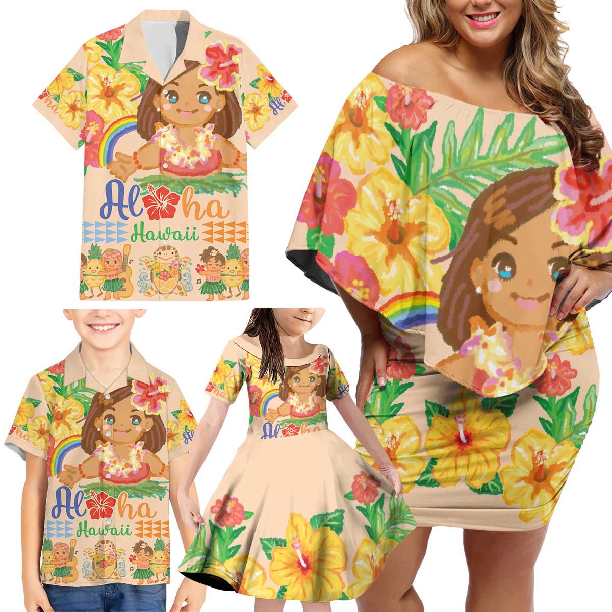 Kawaii Hula Girls Family Matching Off Shoulder Short Dress and Hawaiian Shirt Aloha Hibiscus Flowers LT9 - Polynesian Pride