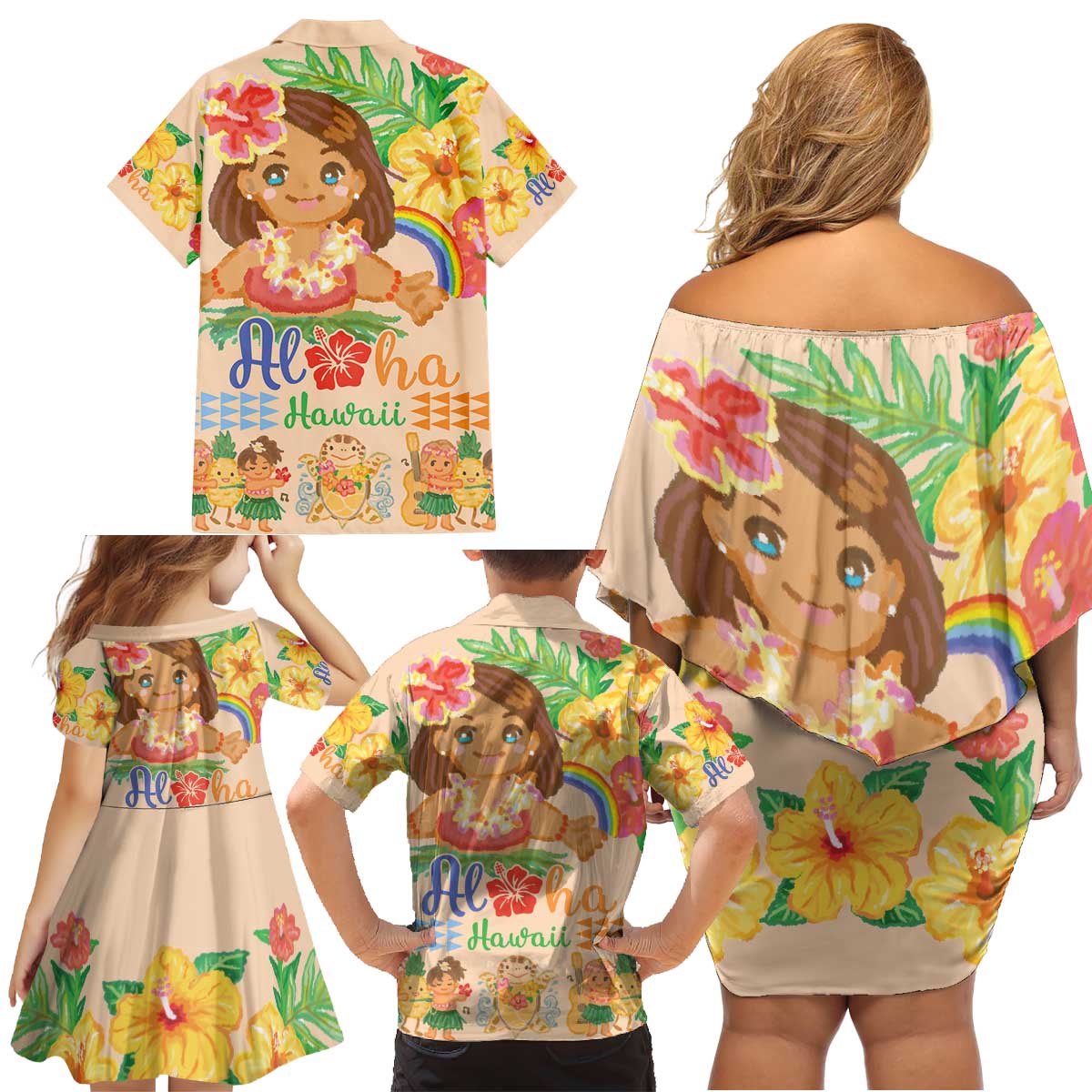 Kawaii Hula Girls Family Matching Off Shoulder Short Dress and Hawaiian Shirt Aloha Hibiscus Flowers LT9 - Polynesian Pride