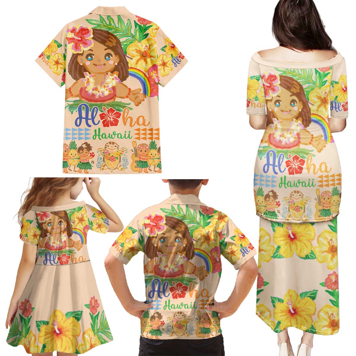 Kawaii Hula Girls Family Matching Puletasi and Hawaiian Shirt Aloha Hibiscus Flowers LT9 - Polynesian Pride