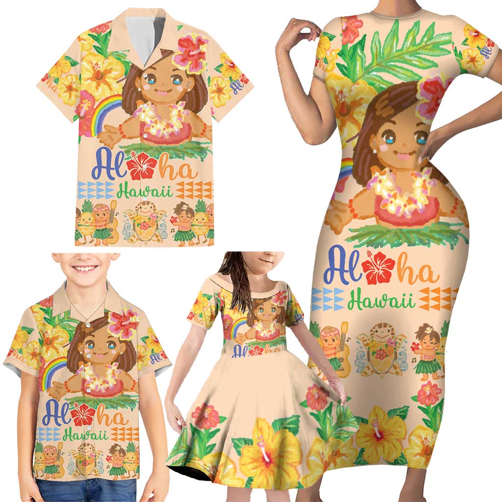 Kawaii Hula Girls Family Matching Short Sleeve Bodycon Dress and Hawaiian Shirt Aloha Hibiscus Flowers LT9 - Polynesian Pride