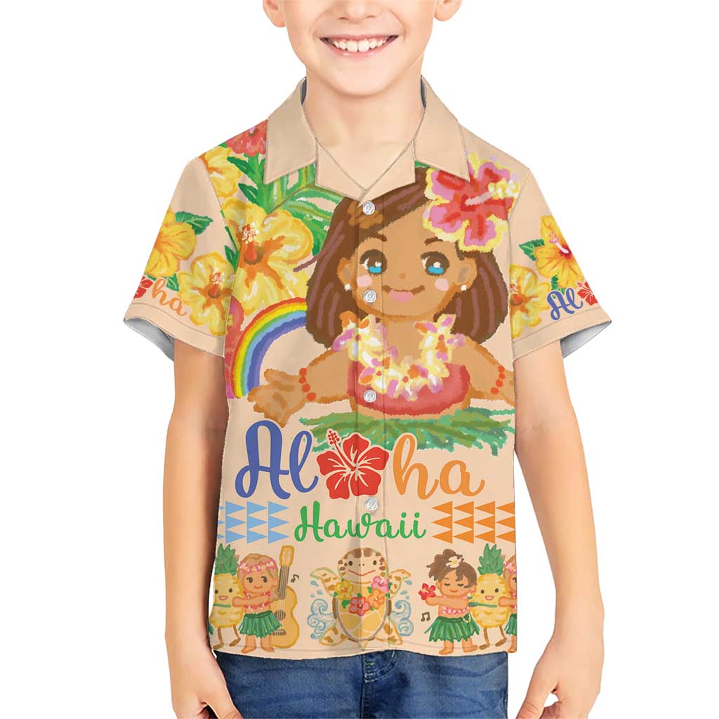 Kawaii Hula Girls Family Matching Short Sleeve Bodycon Dress and Hawaiian Shirt Aloha Hibiscus Flowers LT9 Son's Shirt Nude - Polynesian Pride