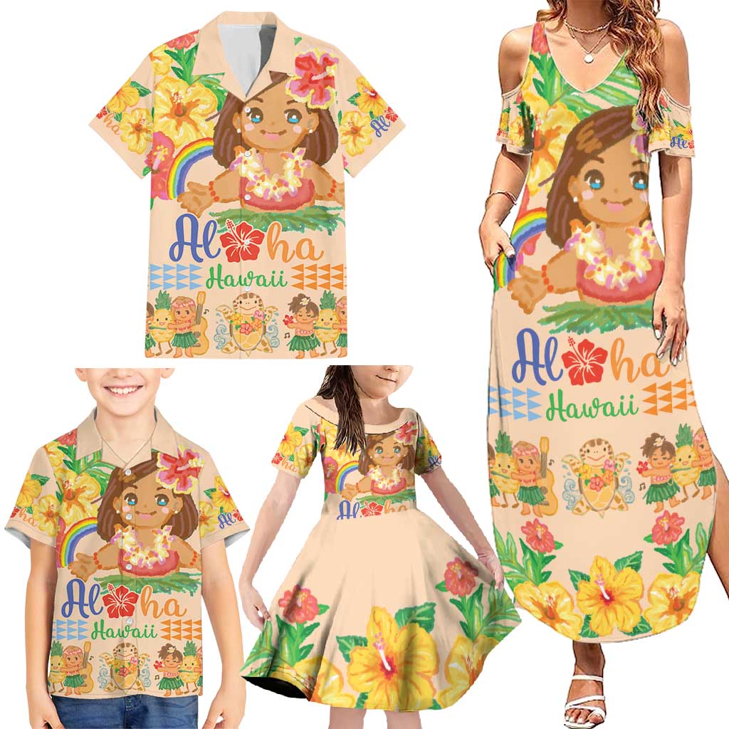 Kawaii Hula Girls Family Matching Summer Maxi Dress and Hawaiian Shirt Aloha Hibiscus Flowers LT9 - Polynesian Pride