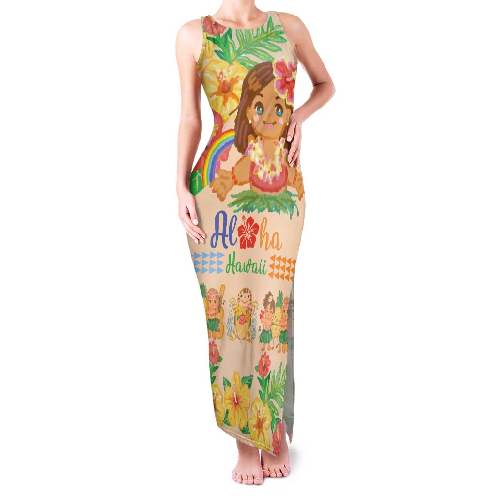 Kawaii Hula Girls Family Matching Tank Maxi Dress and Hawaiian Shirt Aloha Hibiscus Flowers LT9 Mom's Dress Nude - Polynesian Pride