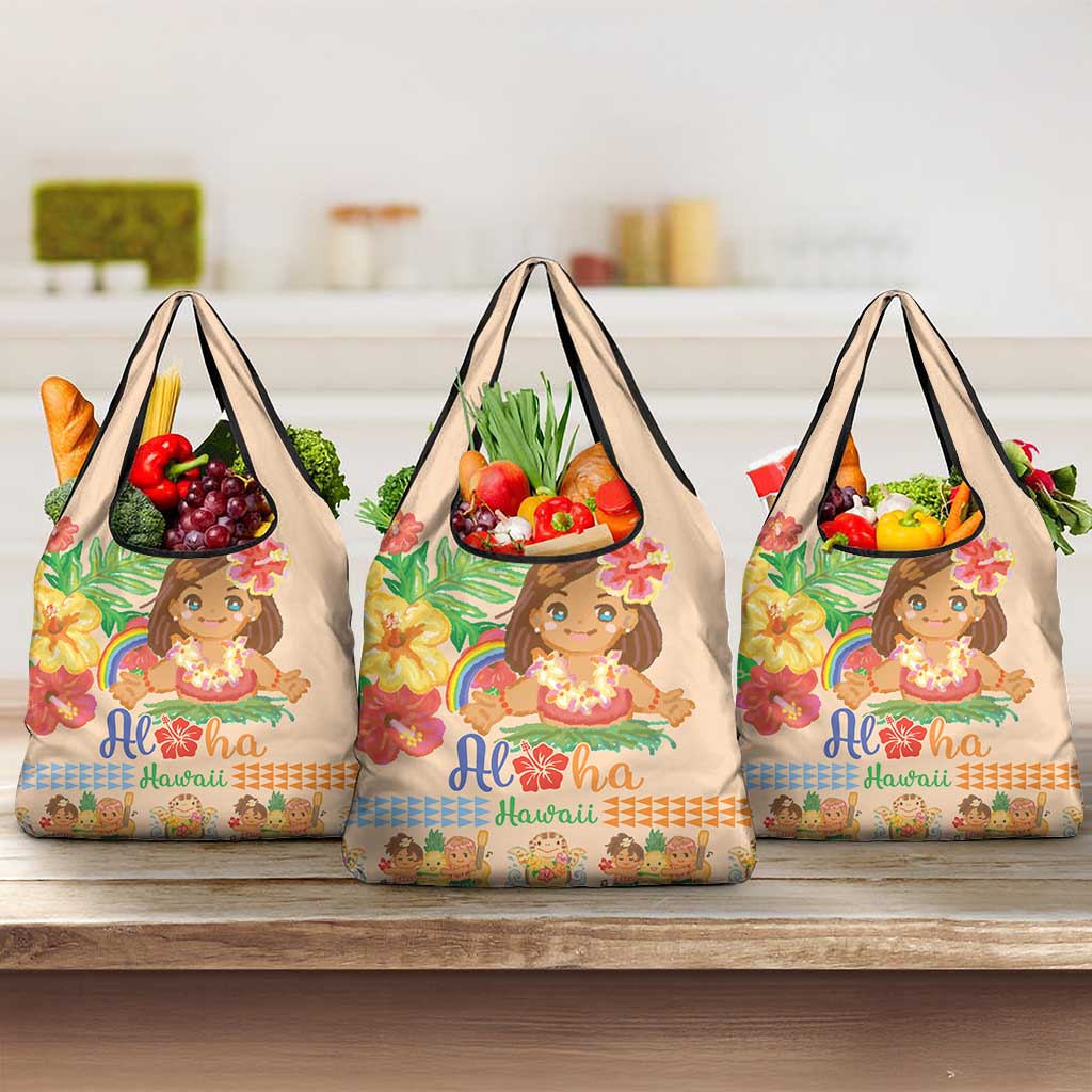 Kawaii Hula Girls Grocery Bag Aloha Hibiscus Flowers