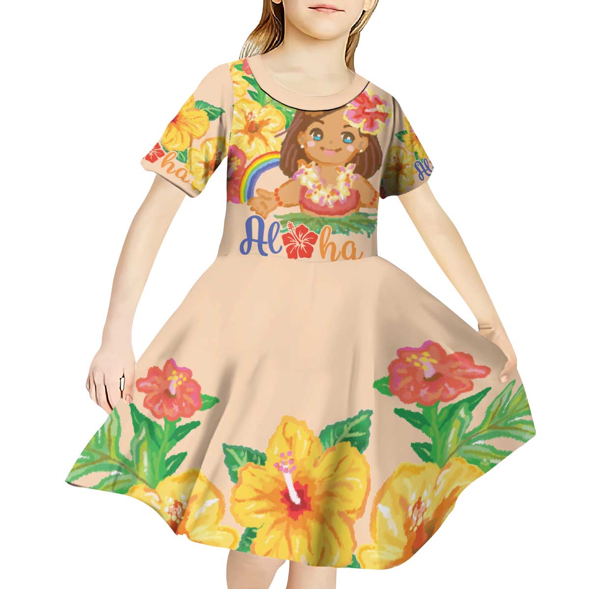 Kawaii Hula Girls Kid Short Sleeve Dress Aloha Hibiscus Flowers LT9 - Polynesian Pride