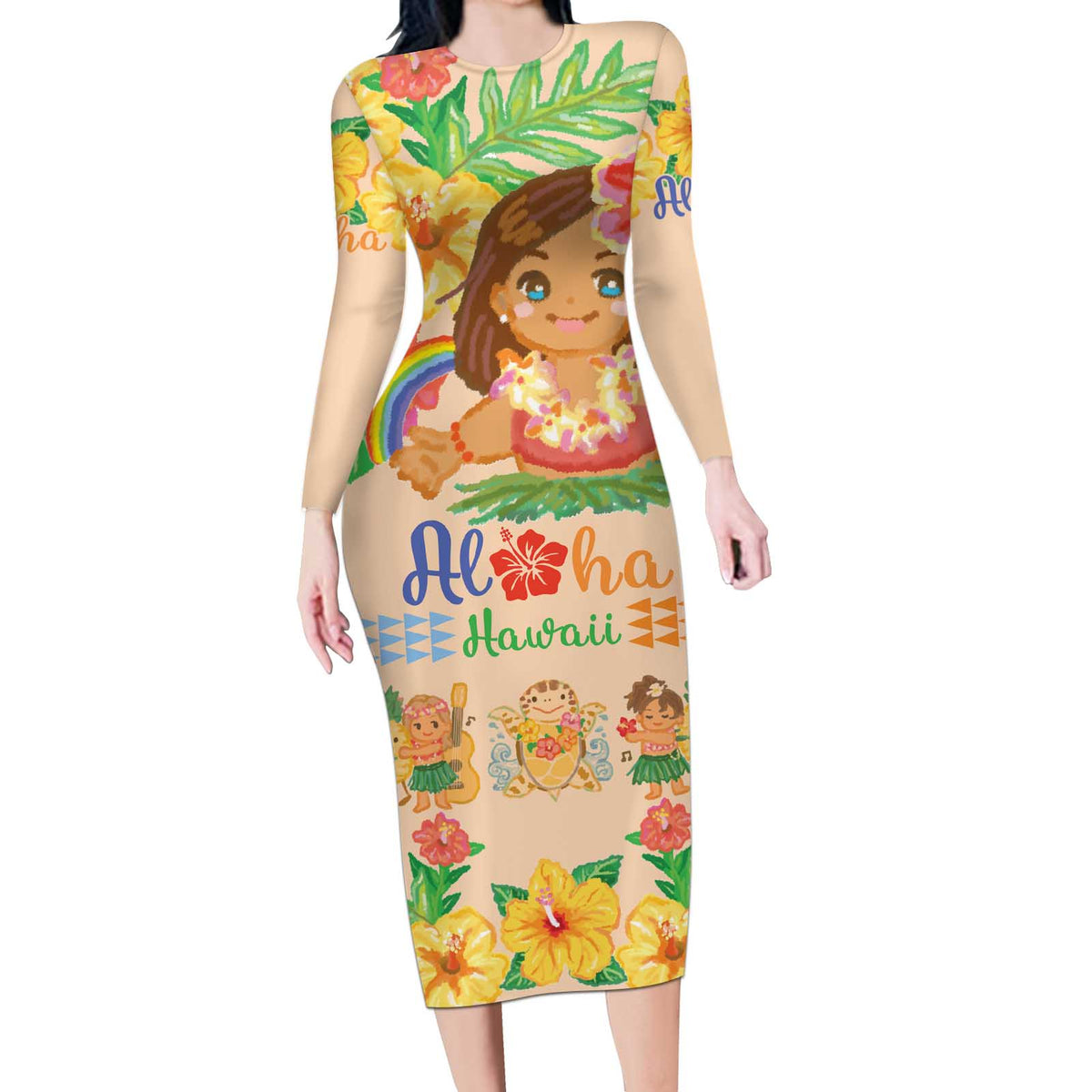 Kawaii Hula Girls Long Sleeve Bodycon Dress Aloha Hibiscus Flowers LT9 Long Dress Nude - Polynesian Pride