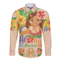Kawaii Hula Girls Long Sleeve Button Shirt Aloha Hibiscus Flowers LT9 Unisex Nude - Polynesian Pride