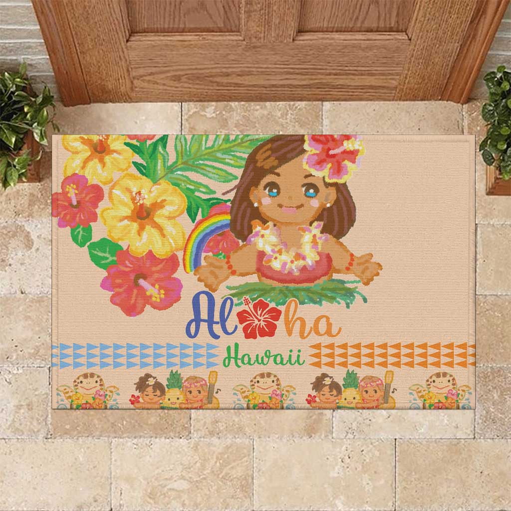 Kawaii Hula Girls Rubber Doormat Aloha Hibiscus Flowers