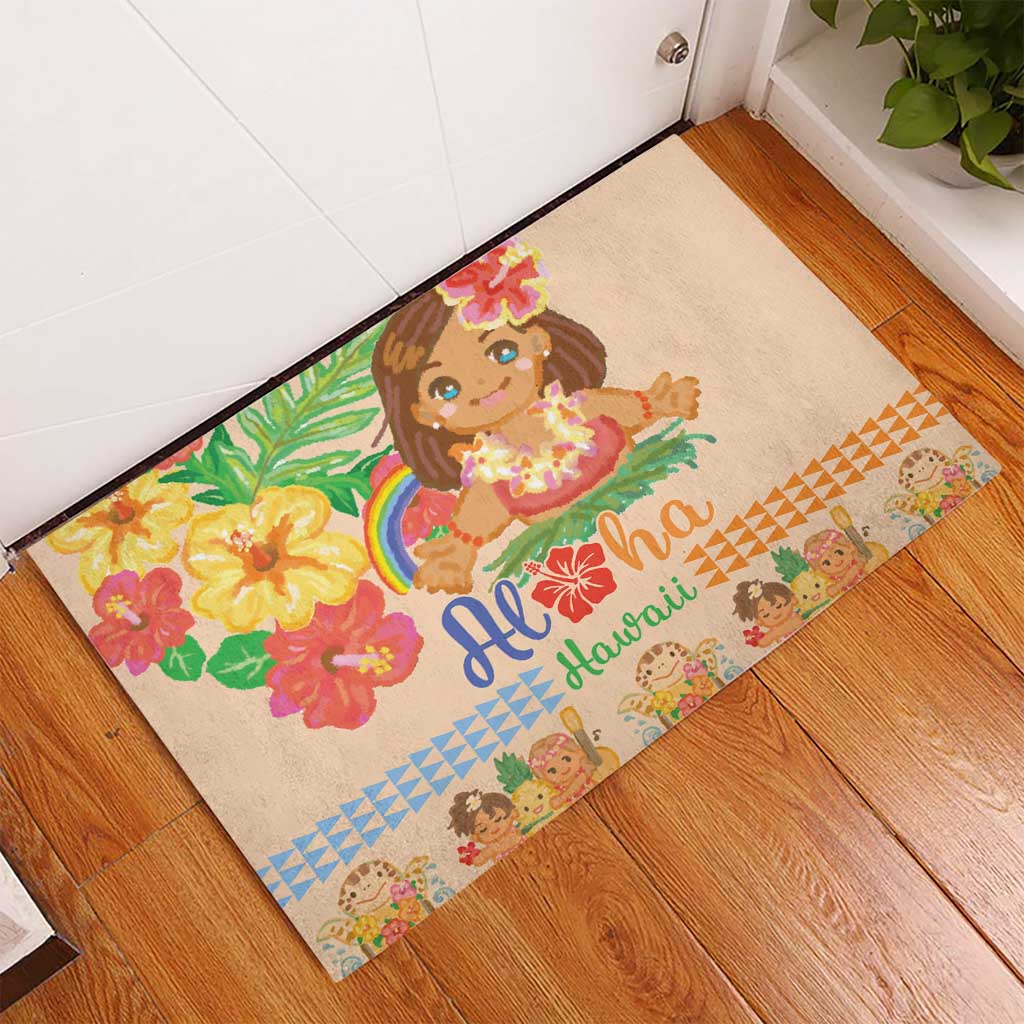 Kawaii Hula Girls Rubber Doormat Aloha Hibiscus Flowers