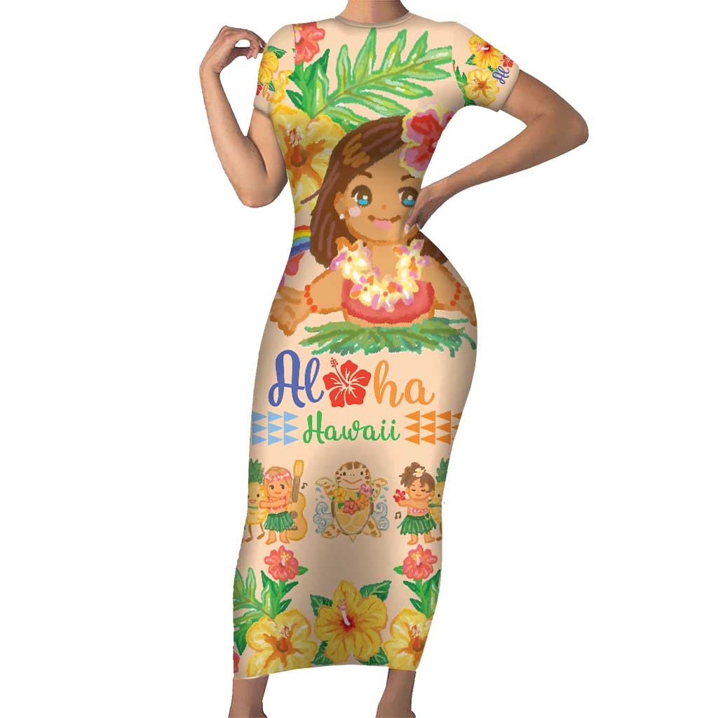 Kawaii Hula Girls Short Sleeve Bodycon Dress Aloha Hibiscus Flowers LT9 Long Dress Nude - Polynesian Pride