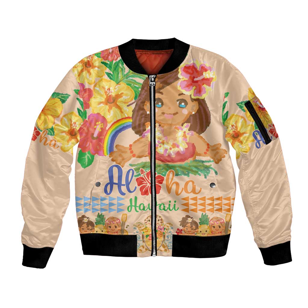 Kawaii Hula Girls Sleeve Zip Bomber Jacket Aloha Hibiscus Flowers LT9 Unisex Nude - Polynesian Pride