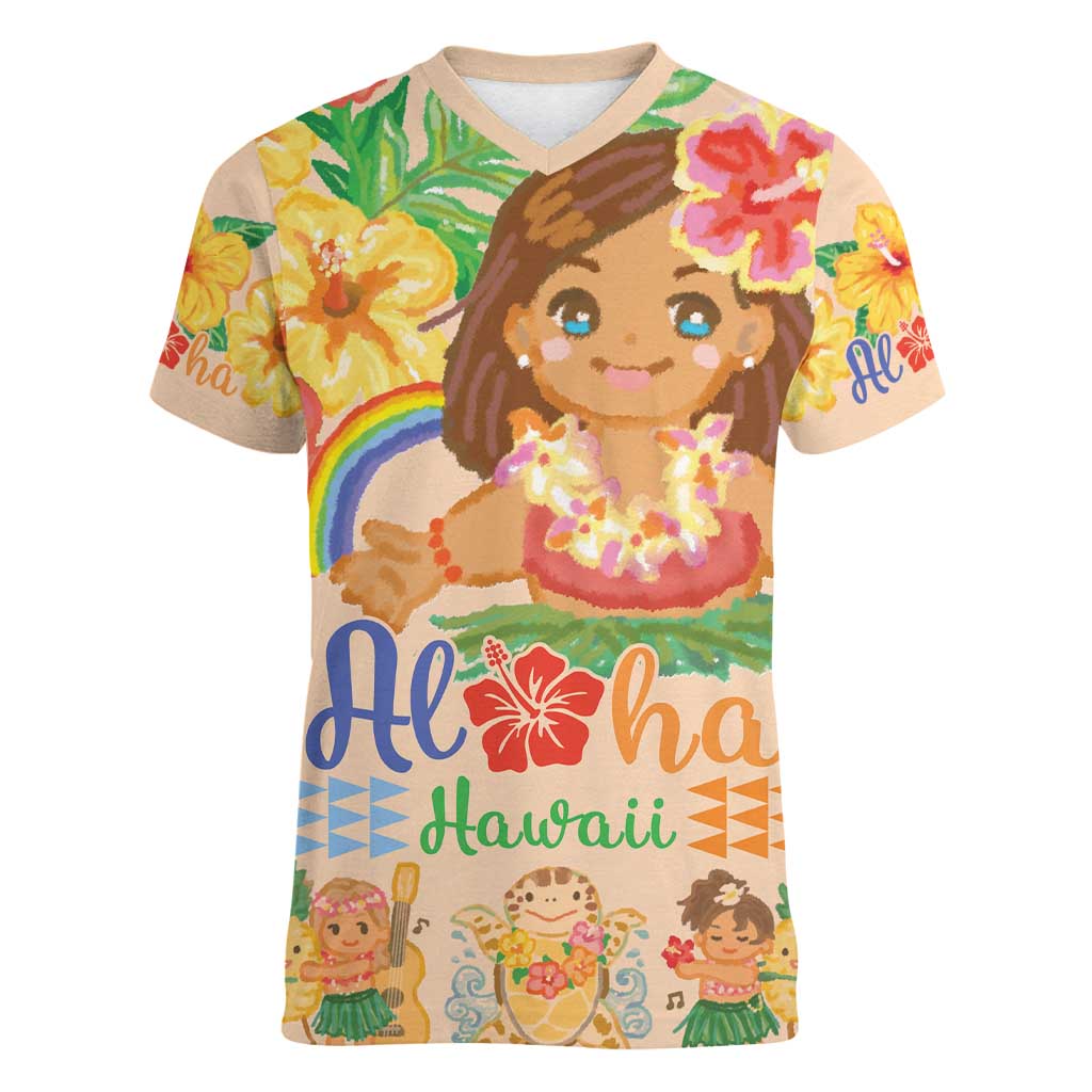 Kawaii Hula Girls Women V-Neck T-Shirt Aloha Hibiscus Flowers LT9 Female Nude - Polynesian Pride