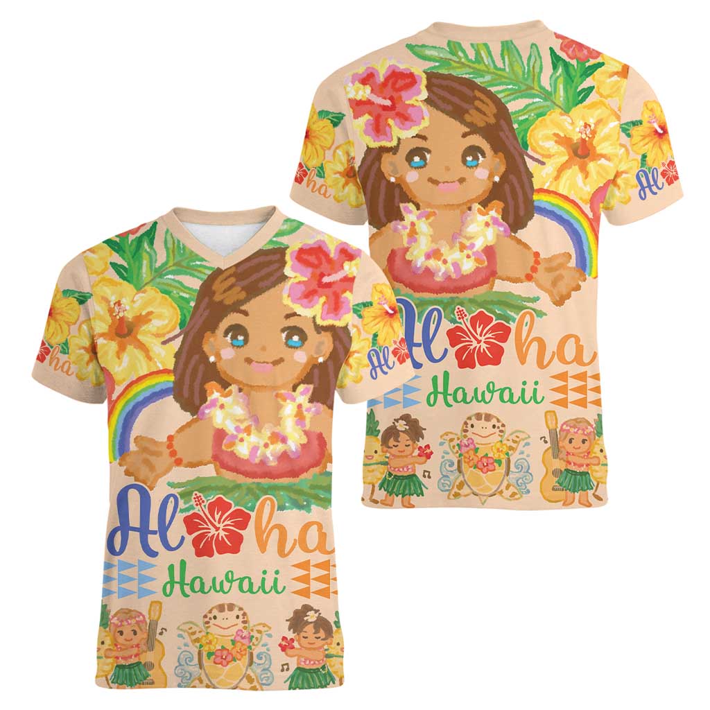 Kawaii Hula Girls Women V-Neck T-Shirt Aloha Hibiscus Flowers LT9 - Polynesian Pride