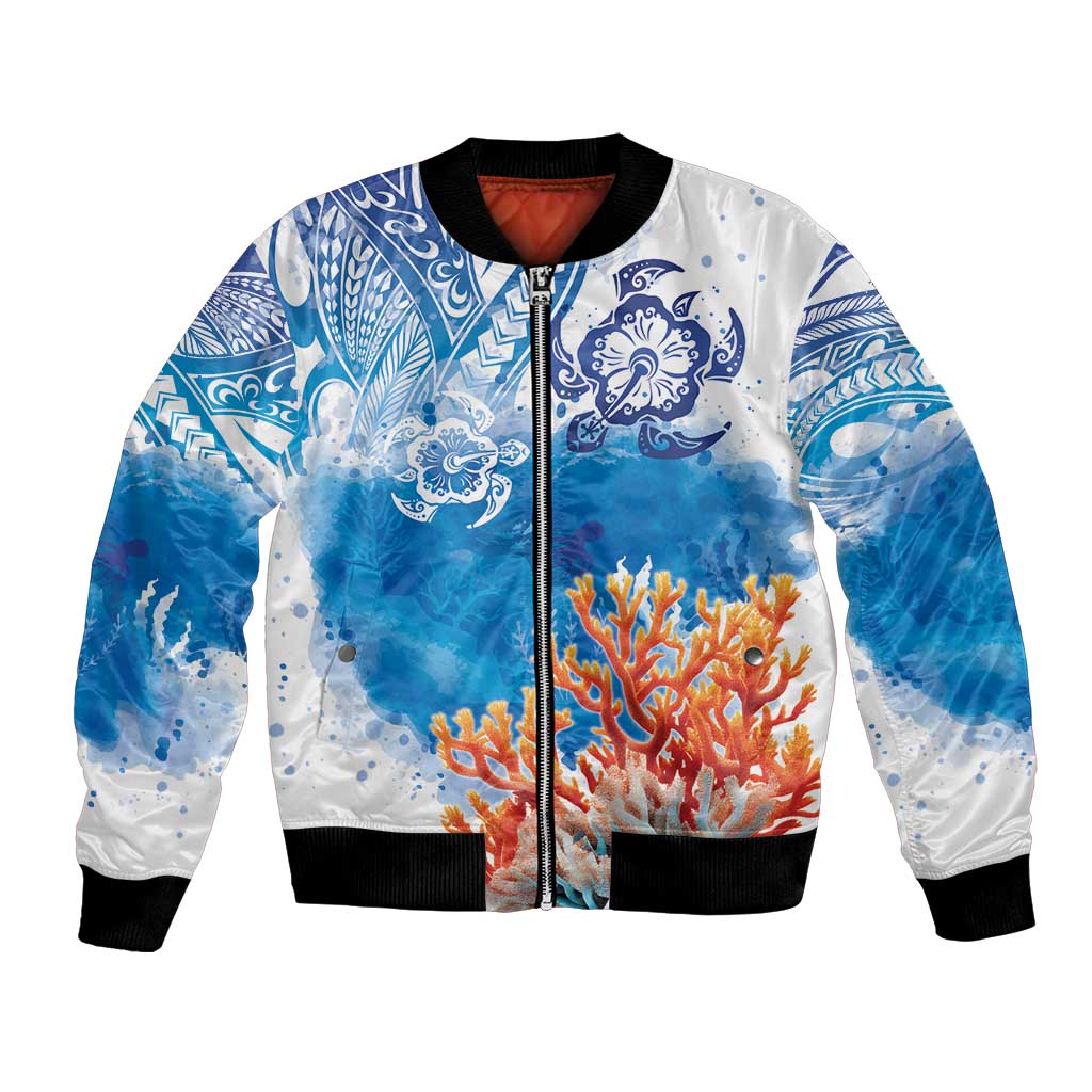 Hibiscus Turtle Tattoo Coral Reef Bomber Jacket with Polynesian Tribal LT9 Unisex White - Polynesian Pride