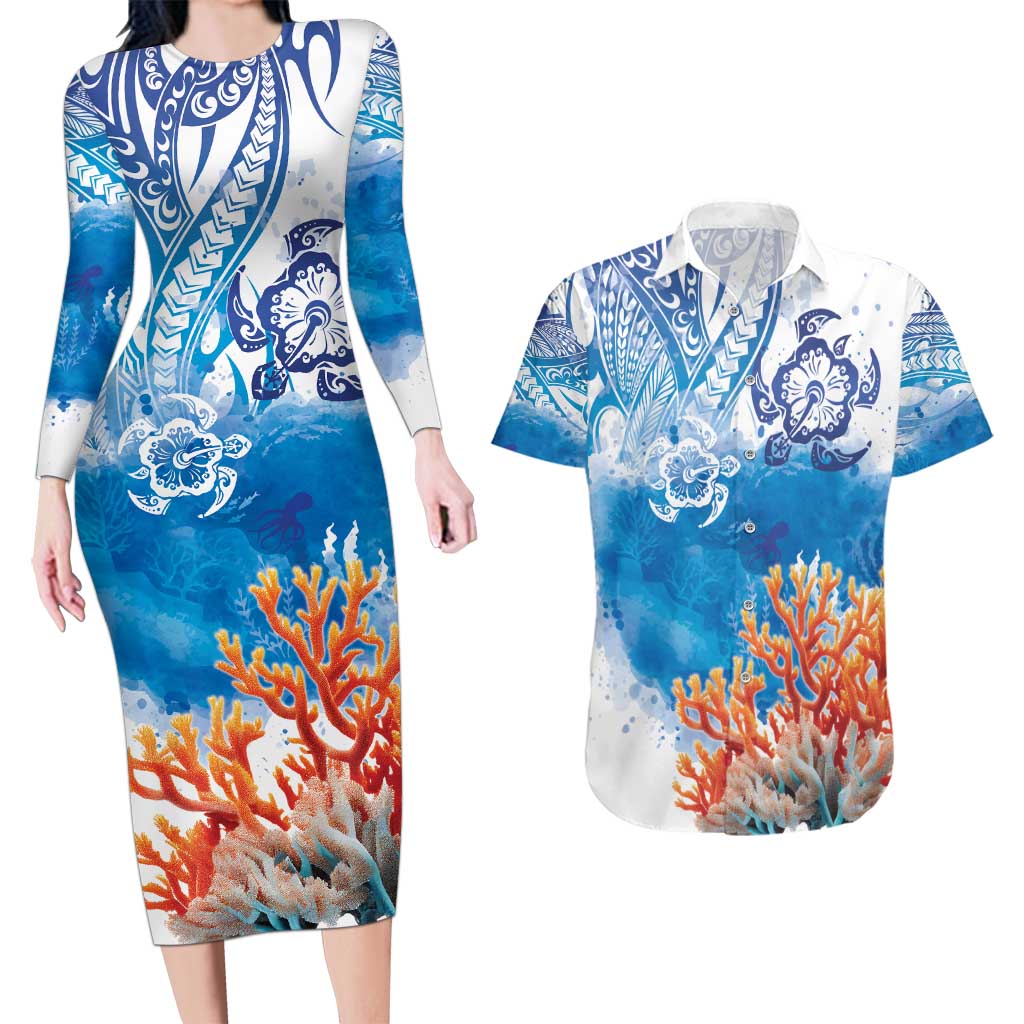 Hibiscus Turtle Tattoo Coral Reef Couples Matching Long Sleeve Bodycon Dress and Hawaiian Shirt with Polynesian Tribal LT9 White - Polynesian Pride