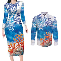 Hibiscus Turtle Tattoo Coral Reef Couples Matching Long Sleeve Bodycon Dress and Long Sleeve Button Shirt with Polynesian Tribal LT9 White - Polynesian Pride