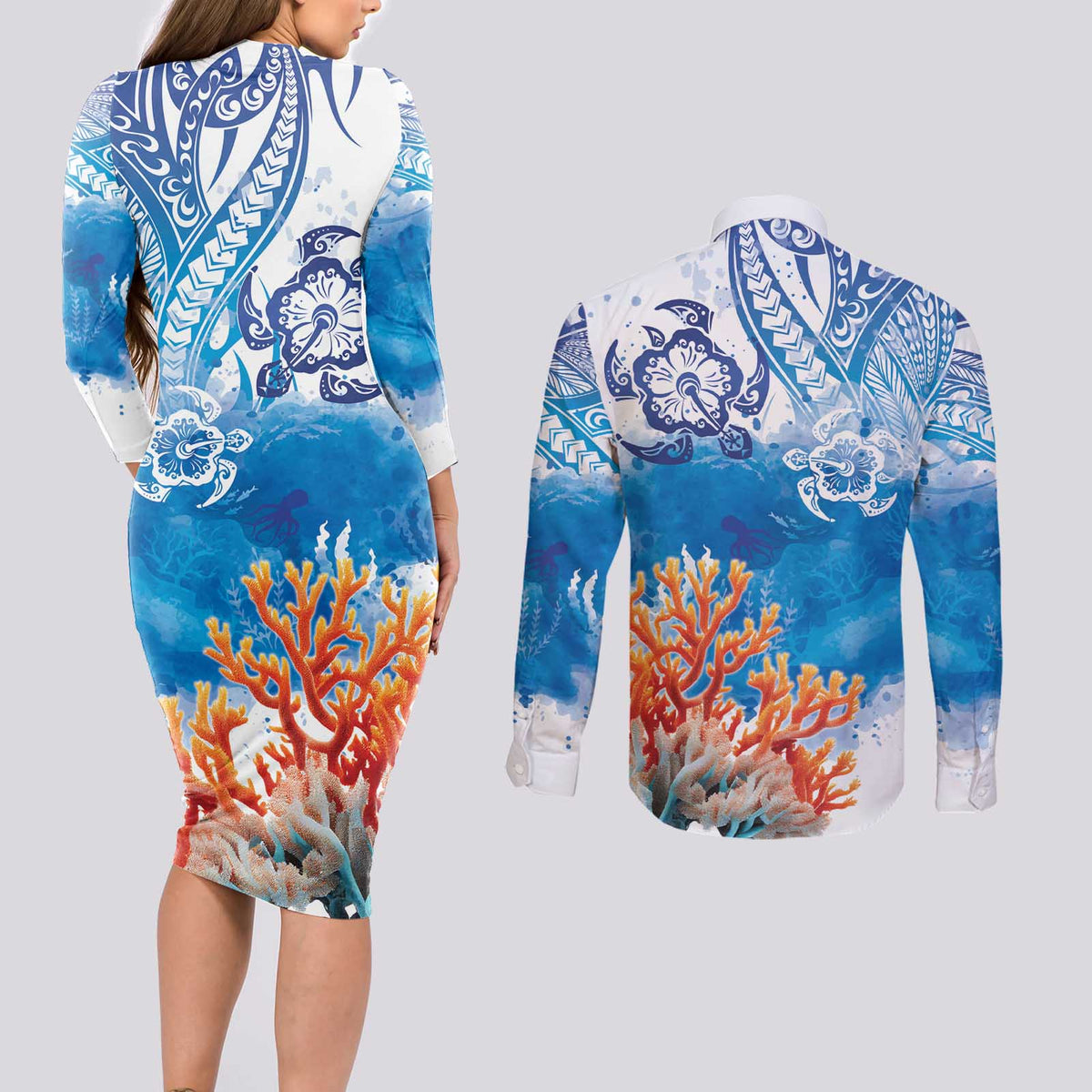 Hibiscus Turtle Tattoo Coral Reef Couples Matching Long Sleeve Bodycon Dress and Long Sleeve Button Shirt with Polynesian Tribal LT9 - Polynesian Pride