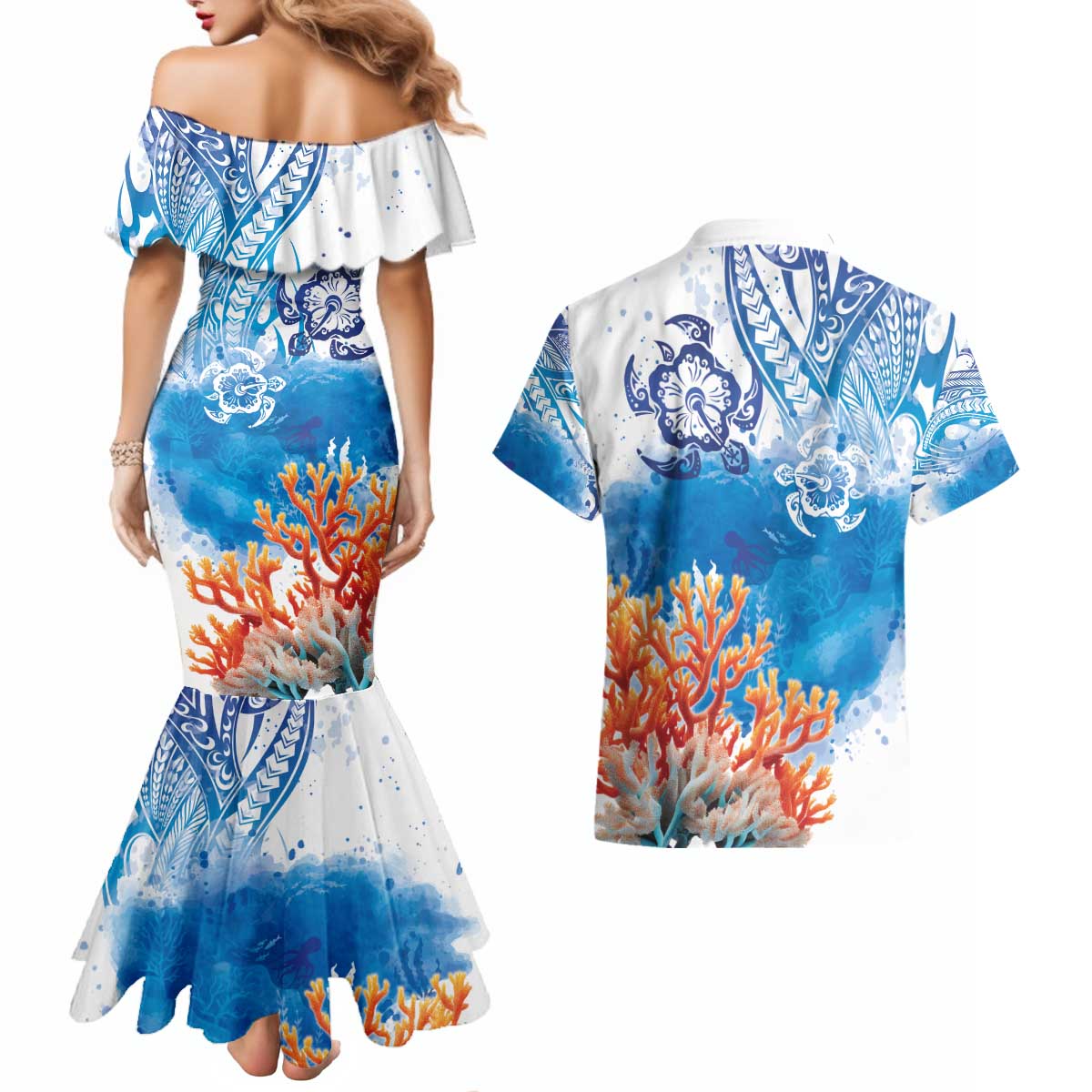 Hibiscus Turtle Tattoo Coral Reef Couples Matching Mermaid Dress and Hawaiian Shirt with Polynesian Tribal LT9 - Polynesian Pride