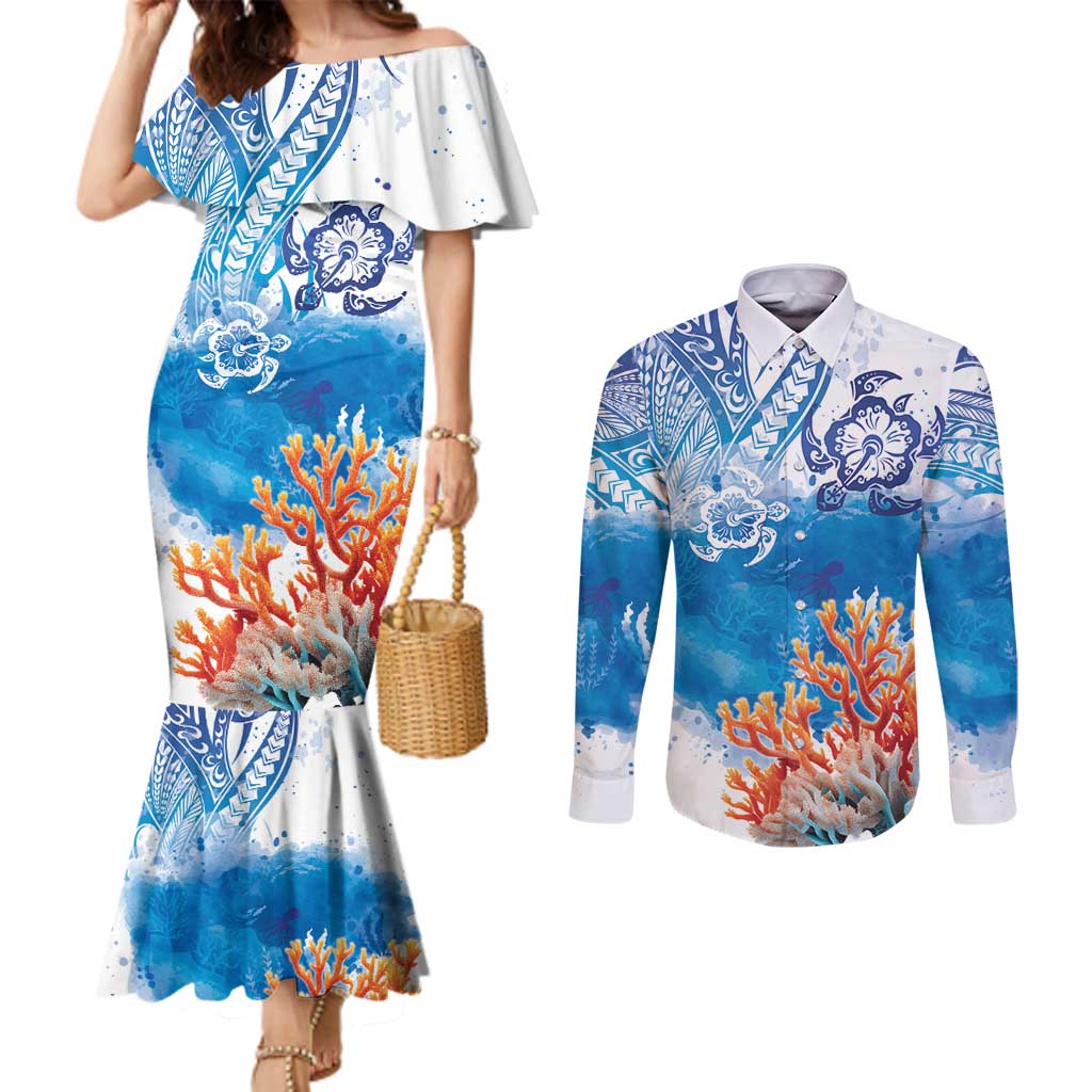 Hibiscus Turtle Tattoo Coral Reef Couples Matching Mermaid Dress and Long Sleeve Button Shirt with Polynesian Tribal LT9 White - Polynesian Pride