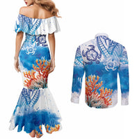 Hibiscus Turtle Tattoo Coral Reef Couples Matching Mermaid Dress and Long Sleeve Button Shirt with Polynesian Tribal LT9 - Polynesian Pride