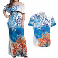 Hibiscus Turtle Tattoo Coral Reef Couples Matching Off Shoulder Maxi Dress and Hawaiian Shirt with Polynesian Tribal LT9 White - Polynesian Pride